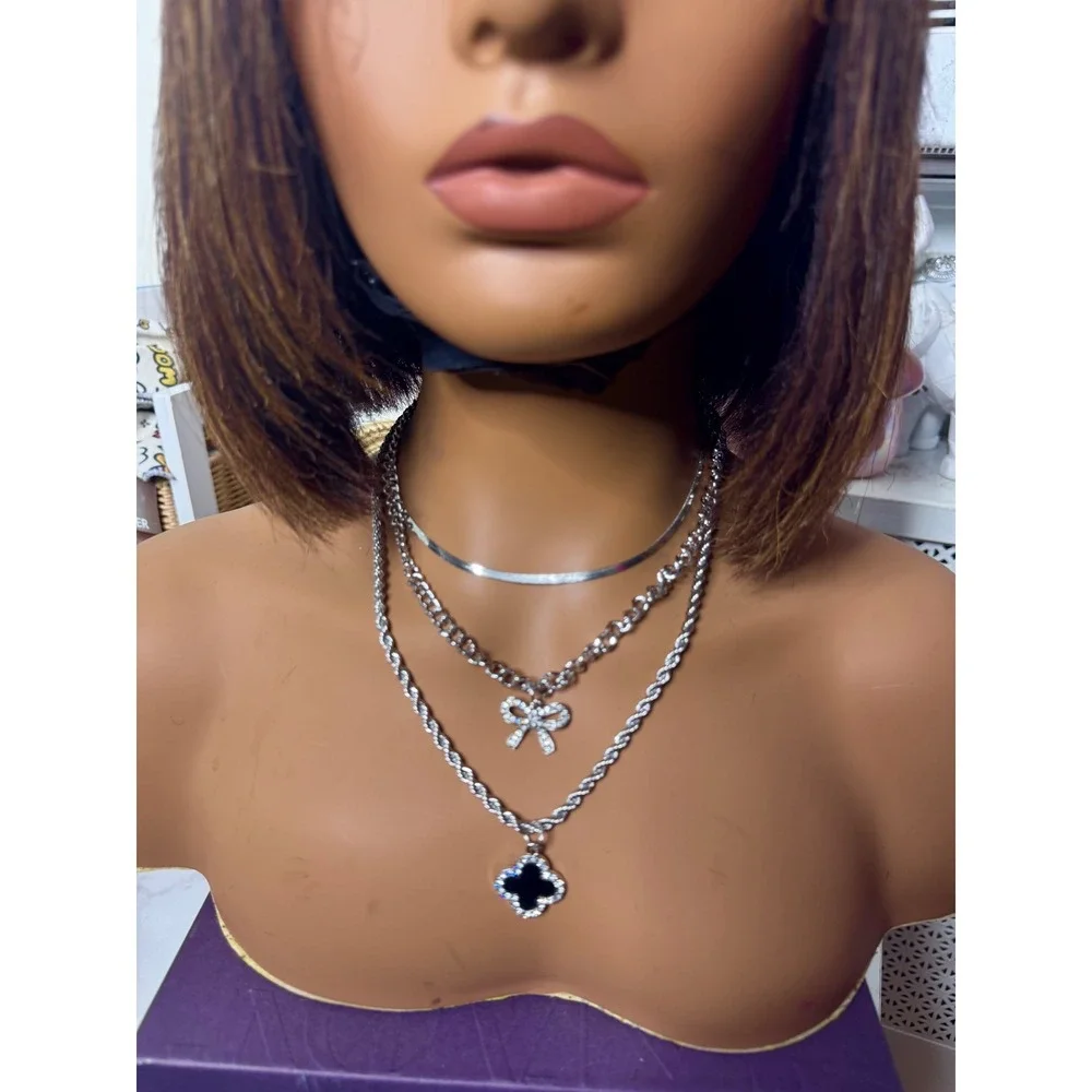 Black Clover Rhinestone Bow Necklace Silver Layered Lucky Charm Mothers Day Gift - Picture 2 of 3